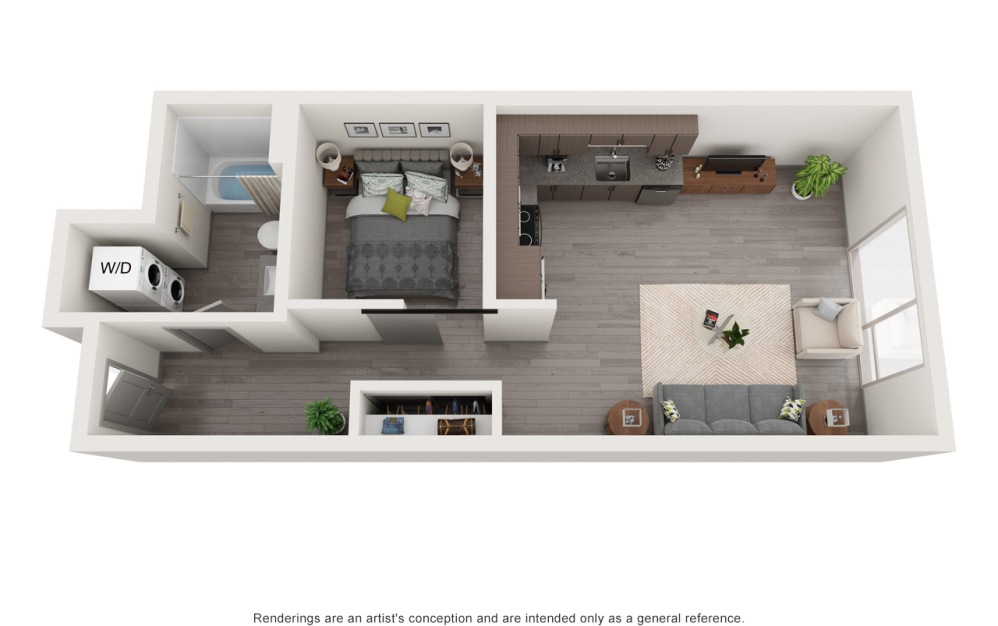 B6 - 1 bedroom floorplan layout with 1 bathroom and 598 square feet