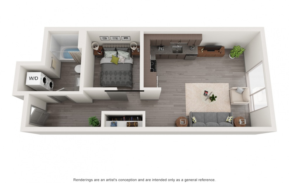 B6 - 1 bedroom floorplan layout with 1 bath and 598 square feet.