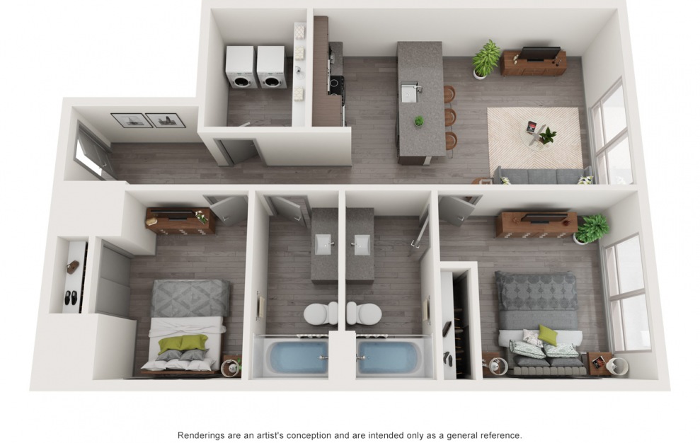 D1 - 2 bedroom floorplan layout with 2 baths and 964 square feet.