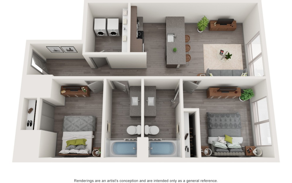 D1 - 2 bedroom floorplan layout with 2 bathrooms and 964 square feet