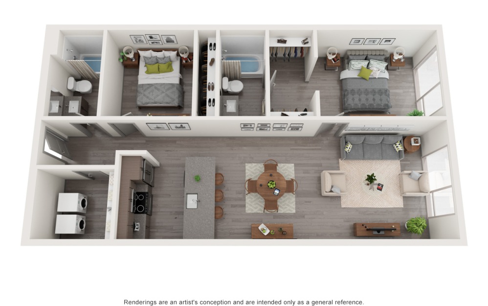 D3 - 2 bedroom floorplan layout with 2 bathrooms and 1086 square feet