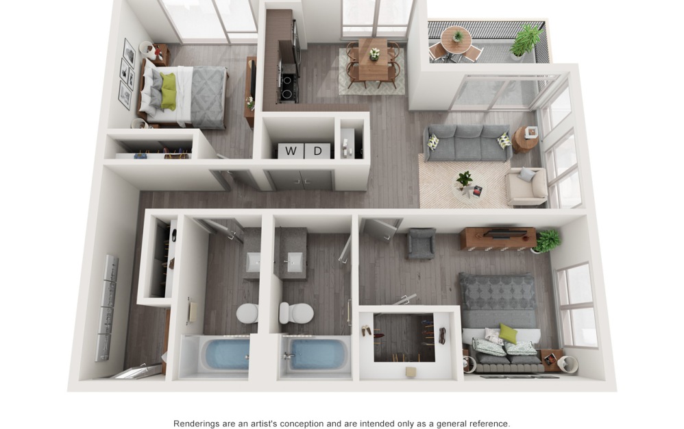 E5 Patio - 2 bedroom floorplan layout with 2 bathrooms and 983 square feet