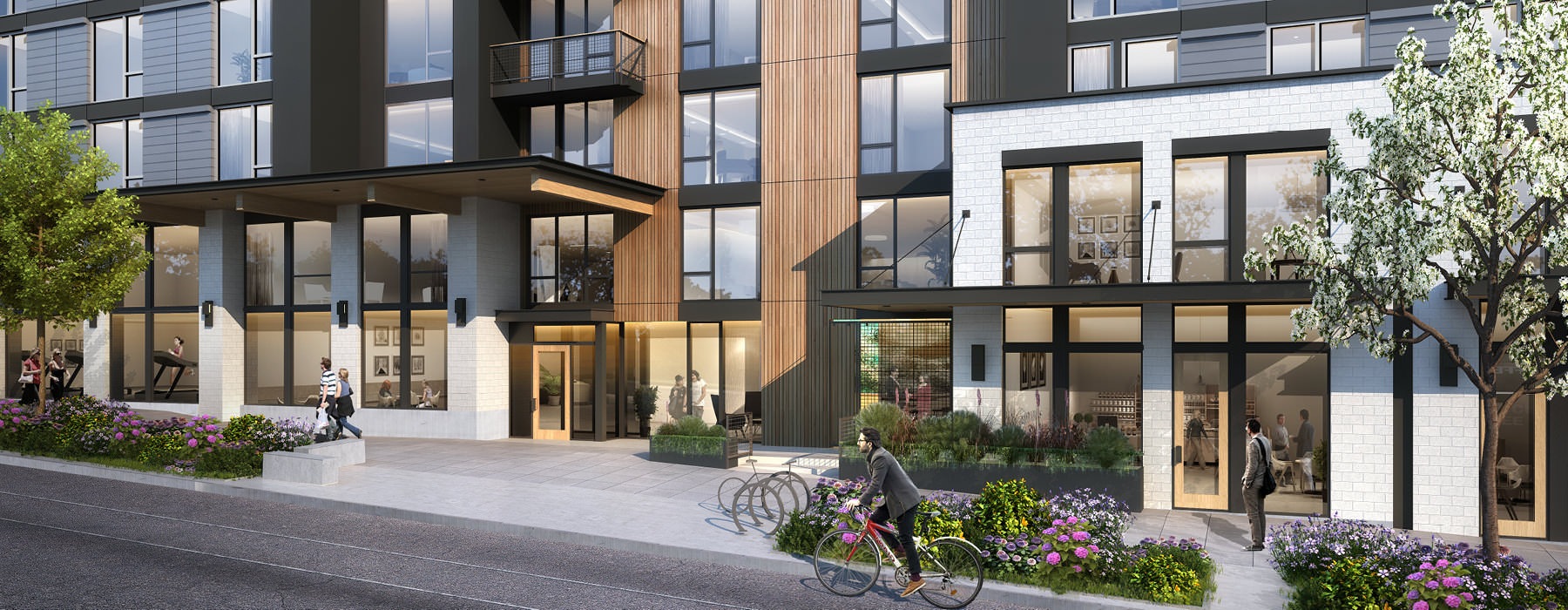 rendering of Broadstone Vin exterior with people walking and bicycling down the sidewalk and street