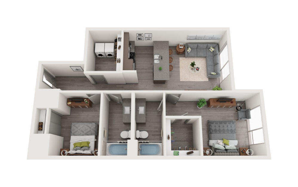 D4 - 2 bedroom floorplan layout with 2 bathrooms and 1021 square feet