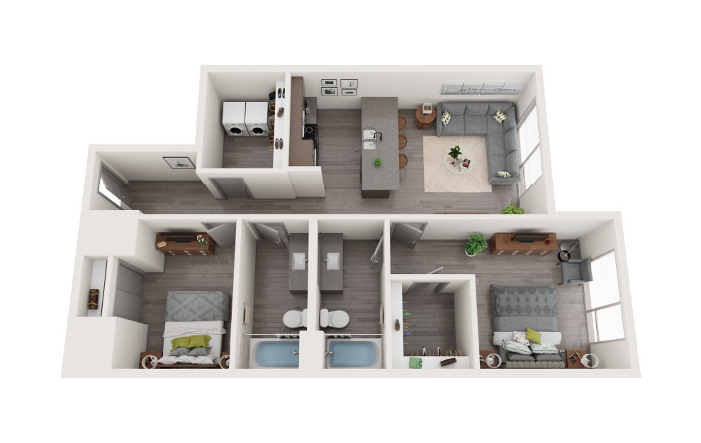D4 - 2 bedroom floorplan layout with 2 baths and 1021 square feet.