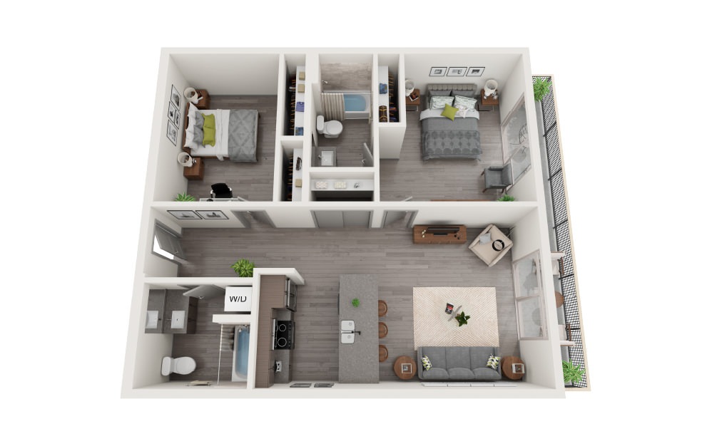 D7 - 2 bedroom floorplan layout with 2 bathrooms and 1015 square feet