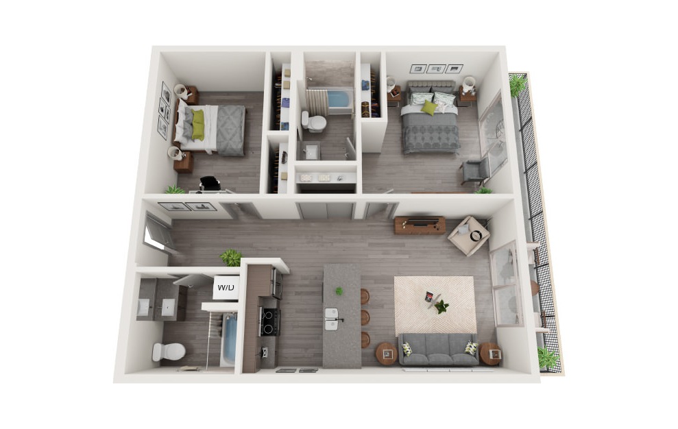 D7 - 2 bedroom floorplan layout with 2 baths and 1015 square feet.