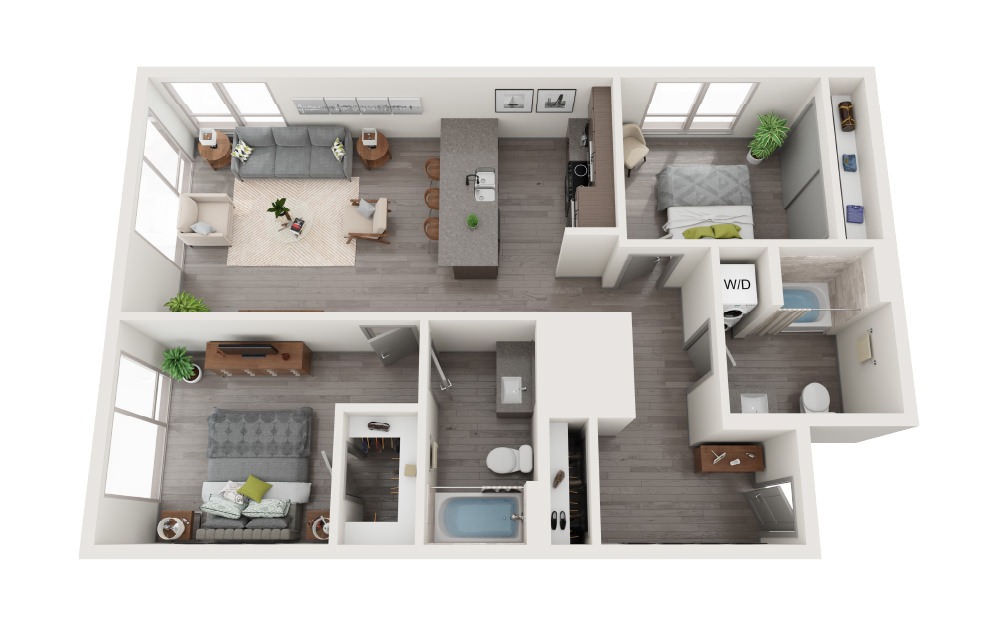 E2 - 2 bedroom floorplan layout with 2 bathrooms and 1026 square feet