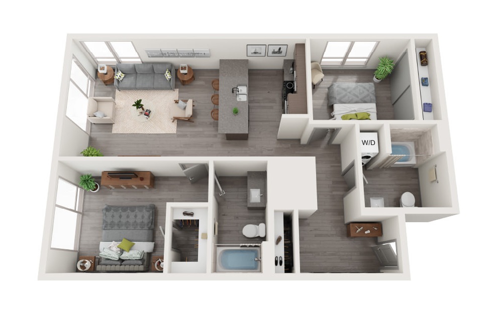 E2 - 2 bedroom floorplan layout with 2 baths and 1026 square feet.