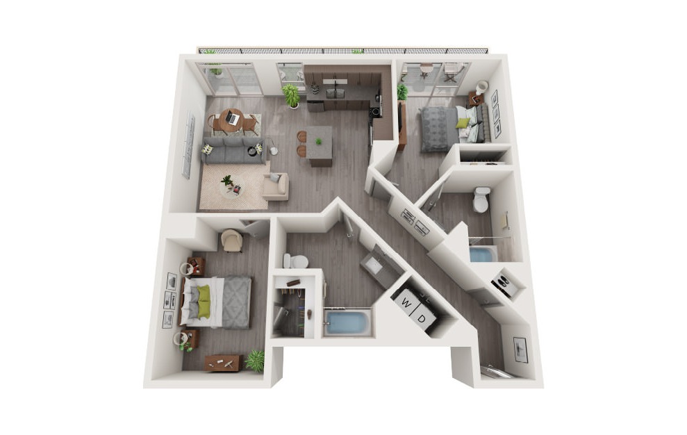 E3 - 2 bedroom floorplan layout with 2 baths and 1072 square feet.
