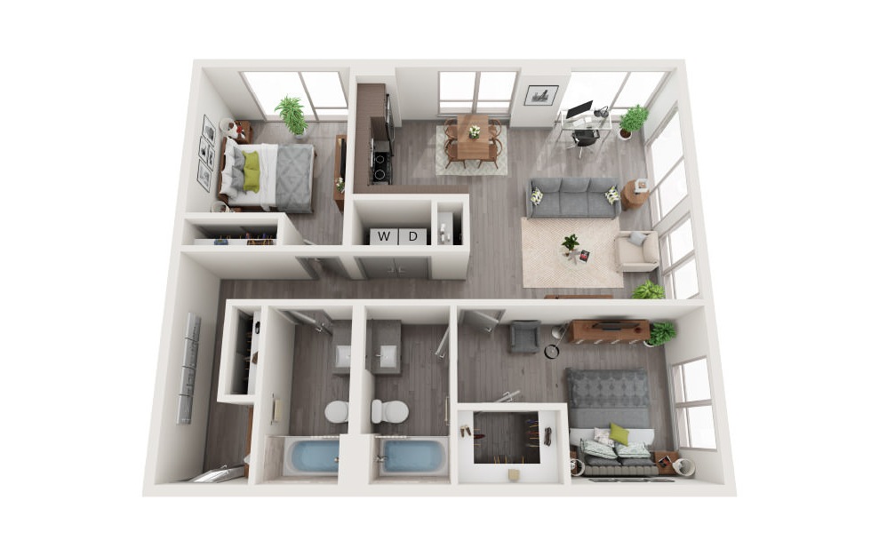 E5 - 2 bedroom floorplan layout with 2 baths and 1060 square feet.