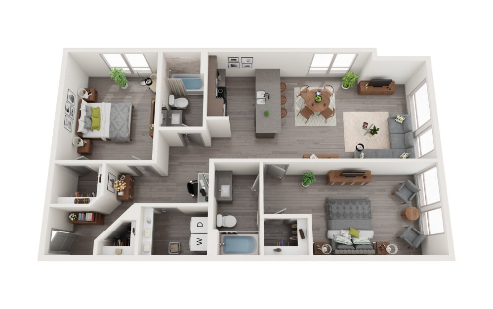 E1 - 2 bedroom floorplan layout with 2 bathrooms and 1113 square feet