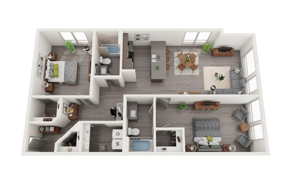 E1 - 2 bedroom floorplan layout with 2 baths and 1113 square feet.